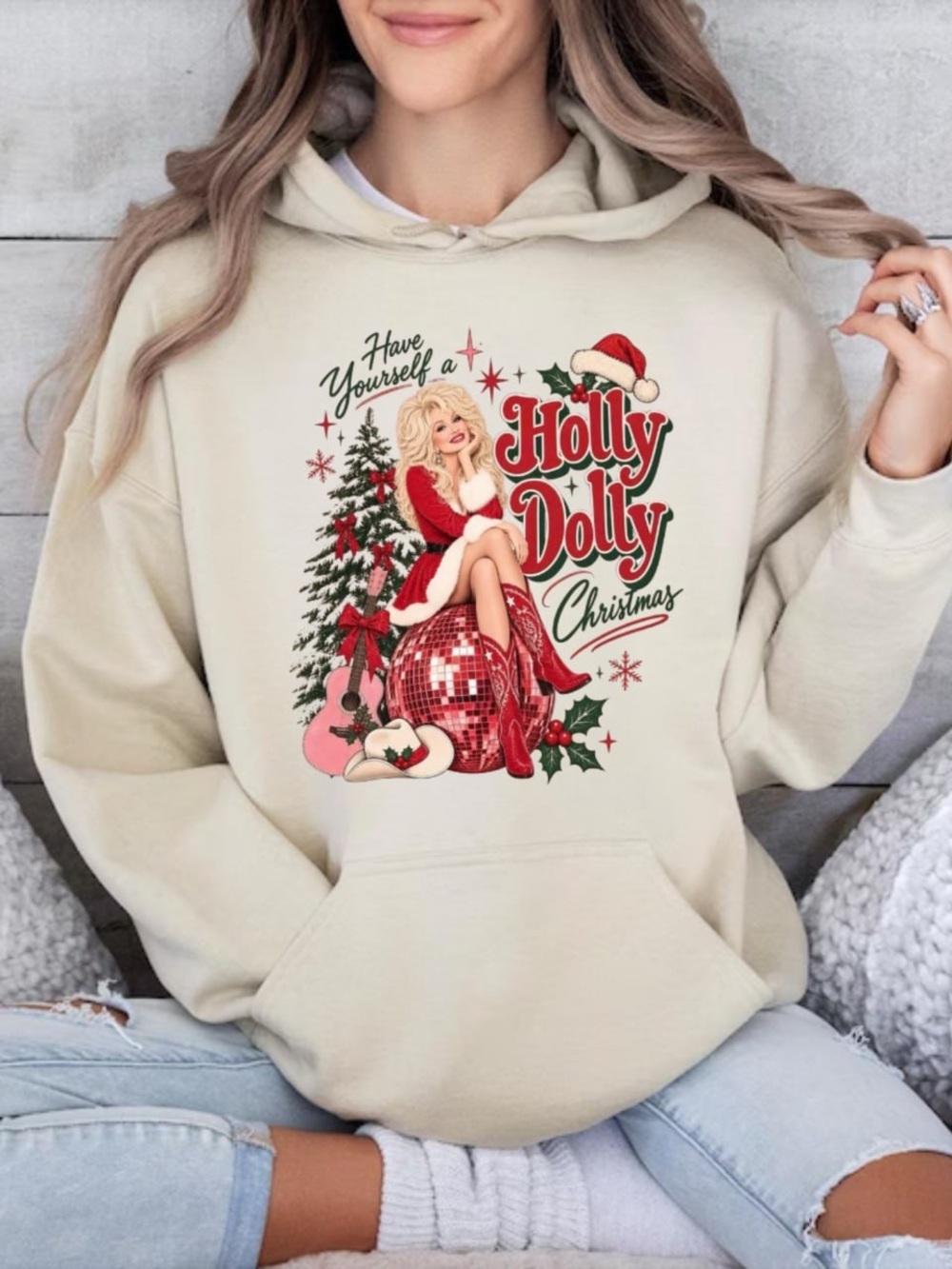 Cream Hoodie with Red & Green Holly Dolly Christmas Graphic